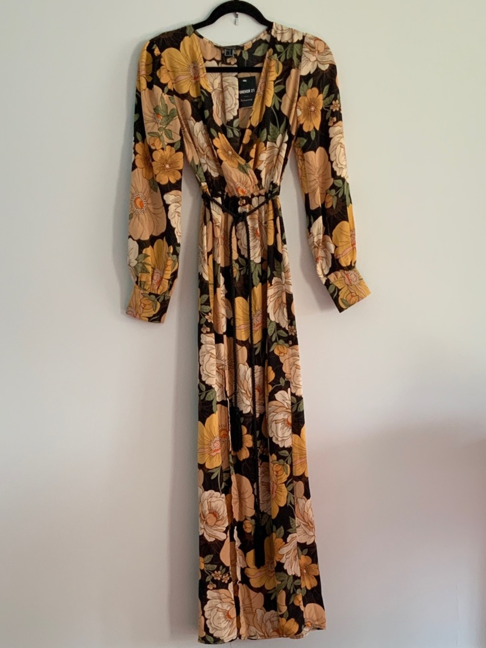 NWT Forever 21 Black Floral Maxi Dress with Mustard & Cream Blooms